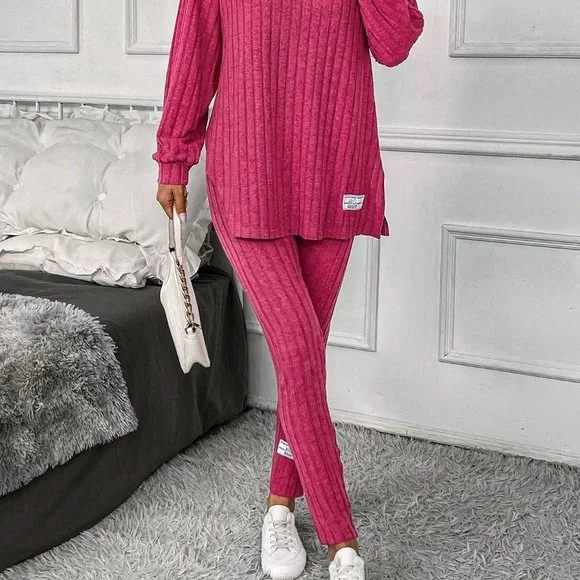 Hot Pink Casual Womens Drop Shoulder Split Hem Hoodie & Leggings - Picture 5 of 5